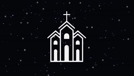 animation of snow falling over church on black background