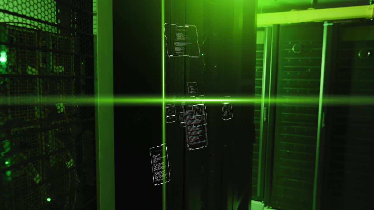 Data processing animation over green-lit server room with floating code screens