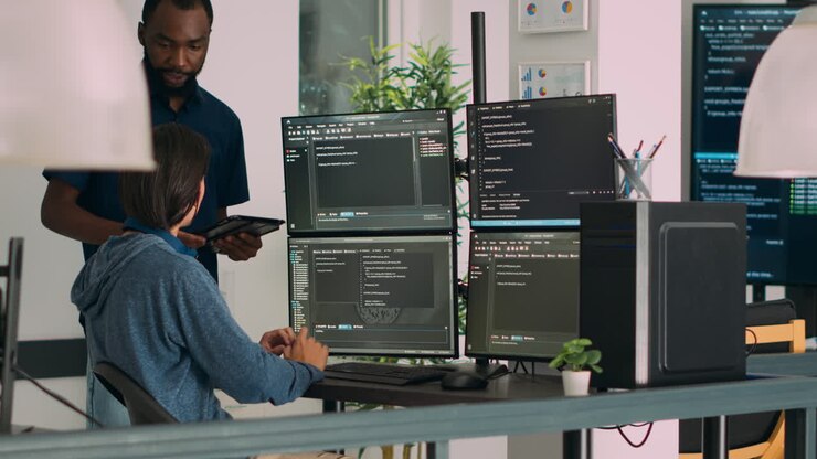 Diverse programmers collaborating on coding project compiling algorithm
