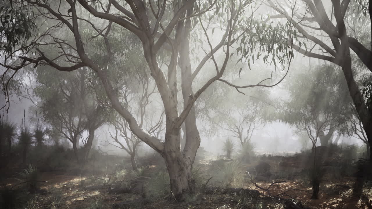 Foggy morning in a eucalyptus forest with soft light and greenery