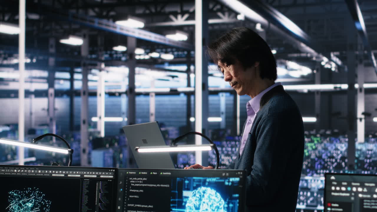 Team Leader Supervising Technicians In Server Room Using Ai