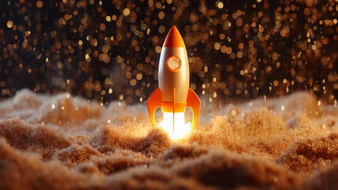 An Impressive Rocket Launching into an Ethereal Atmosphere, Surrounded by Sparkling Particles and Soft Terrain in an Enchanting Display of Science and Adventure