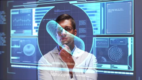 Animation-of-male-scientist-behind-interactive-computer-screen-with-medical-data-processing