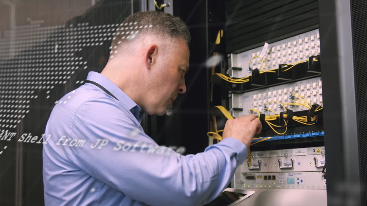 animación del mapa del mundo y procesamiento de datos sobre un empresario caucásico en la sala de servidores