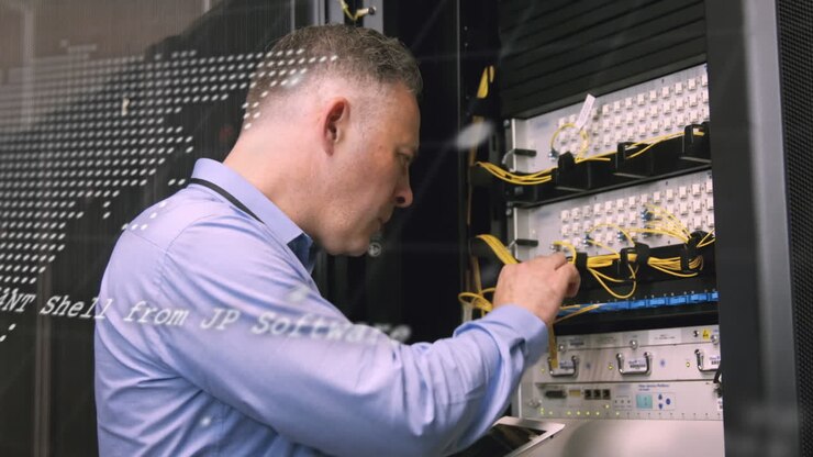 Animation of world map and data processing over caucasian businessman in server room