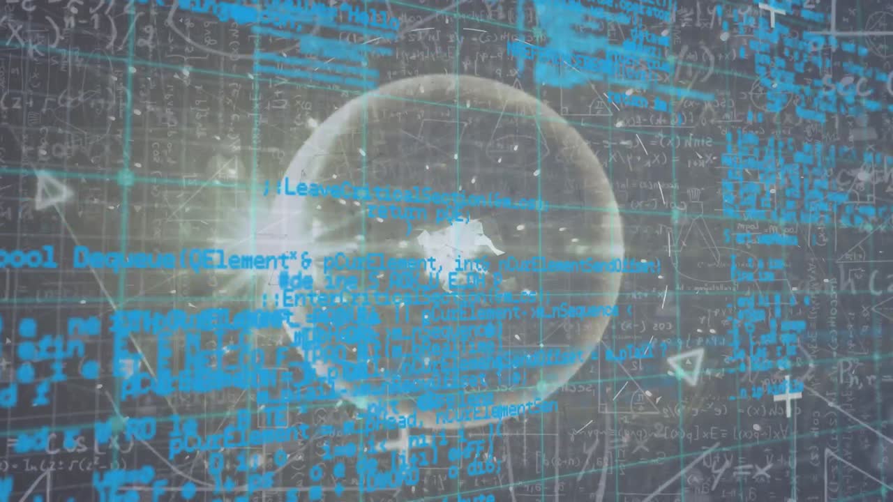 검은색 배경에 수학적 방정식에 대한 데이터 처리 애니메이션