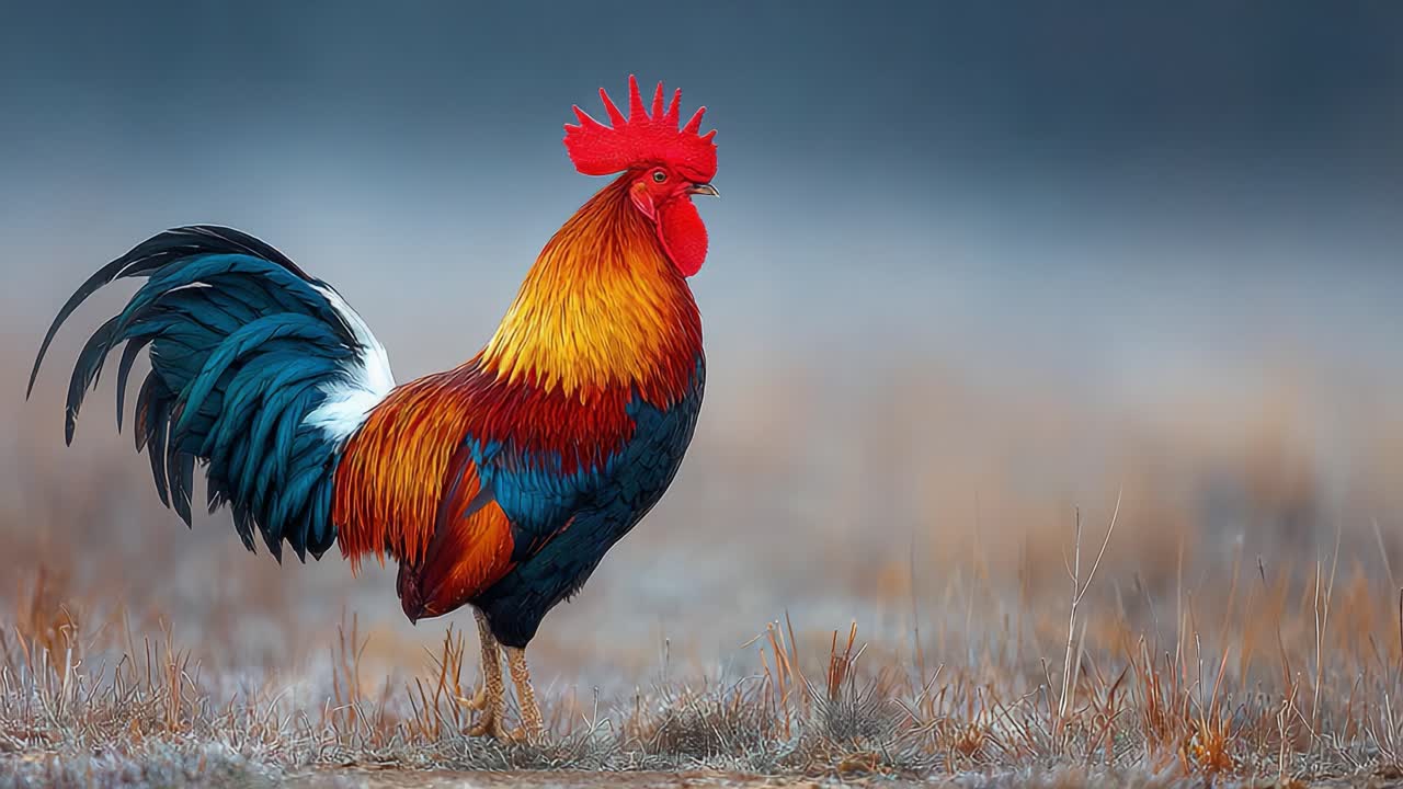 Un gallo maestoso si erge fiero in un paesaggio nebbioso, mettendo in mostra piume vivaci e una postura sicura, immortalato in due splendide istantanee di bellezza naturale