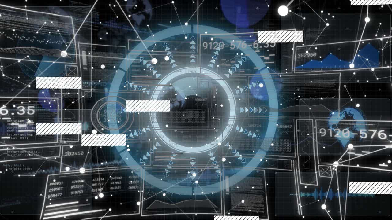 Starry grid appearing cyan scanning ring pulsing as white data bars sliding, visualizing telemetry