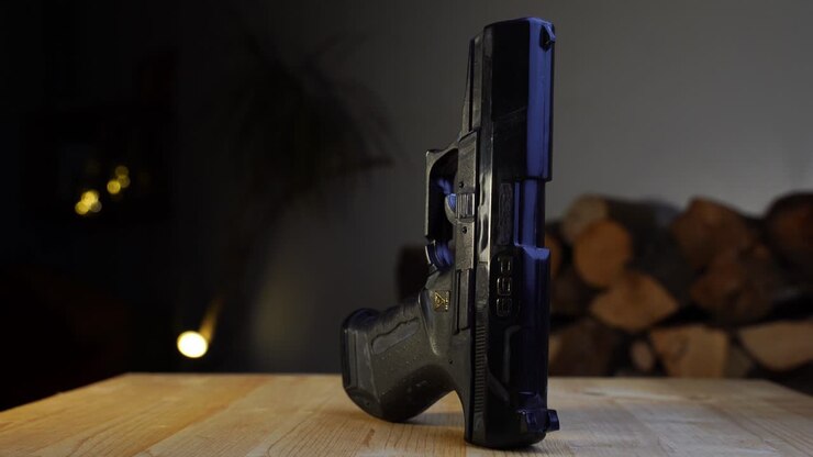 Black toy pistol stands on a table with the barrel pointed up against a dark background
