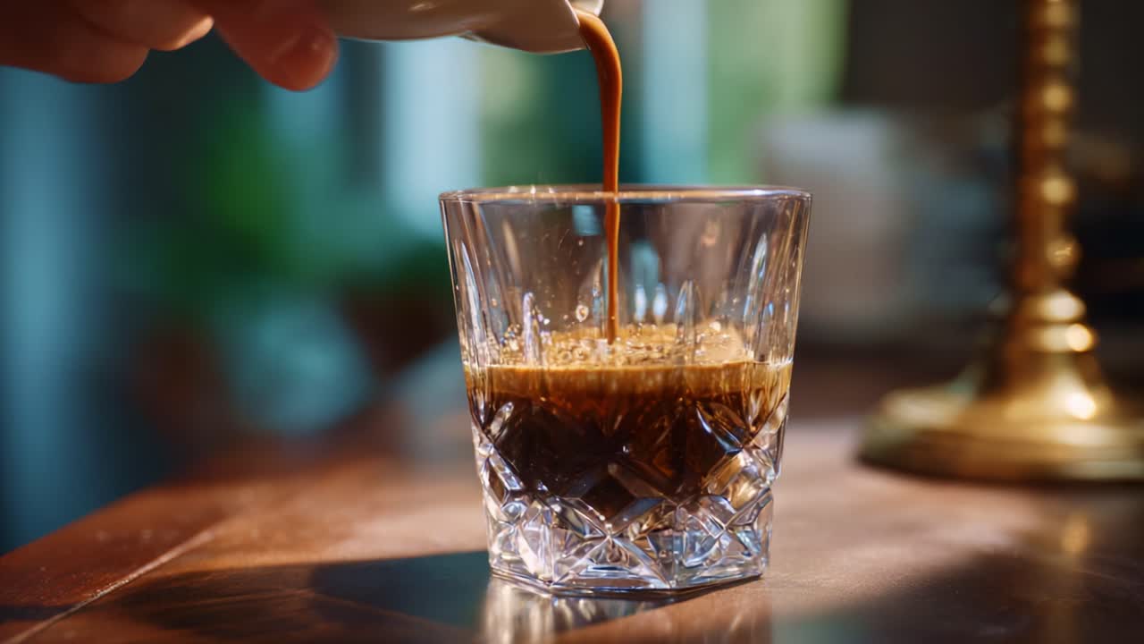 Versare panna nel caffè: una bevanda ricca e scura si trasforma in una delizia cremosa, catturando il momento perfetto in cui gli ingredienti si mescolano.