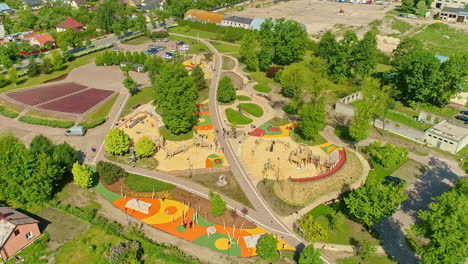 High bird&#039;s eye view of a recreation area with sports activities