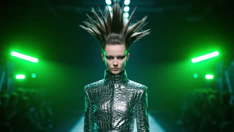 striking fashion statement: an avant-garde model with sculpted hair and metallic outfit at a vibrant runway show, captured under dynamic lighting effects