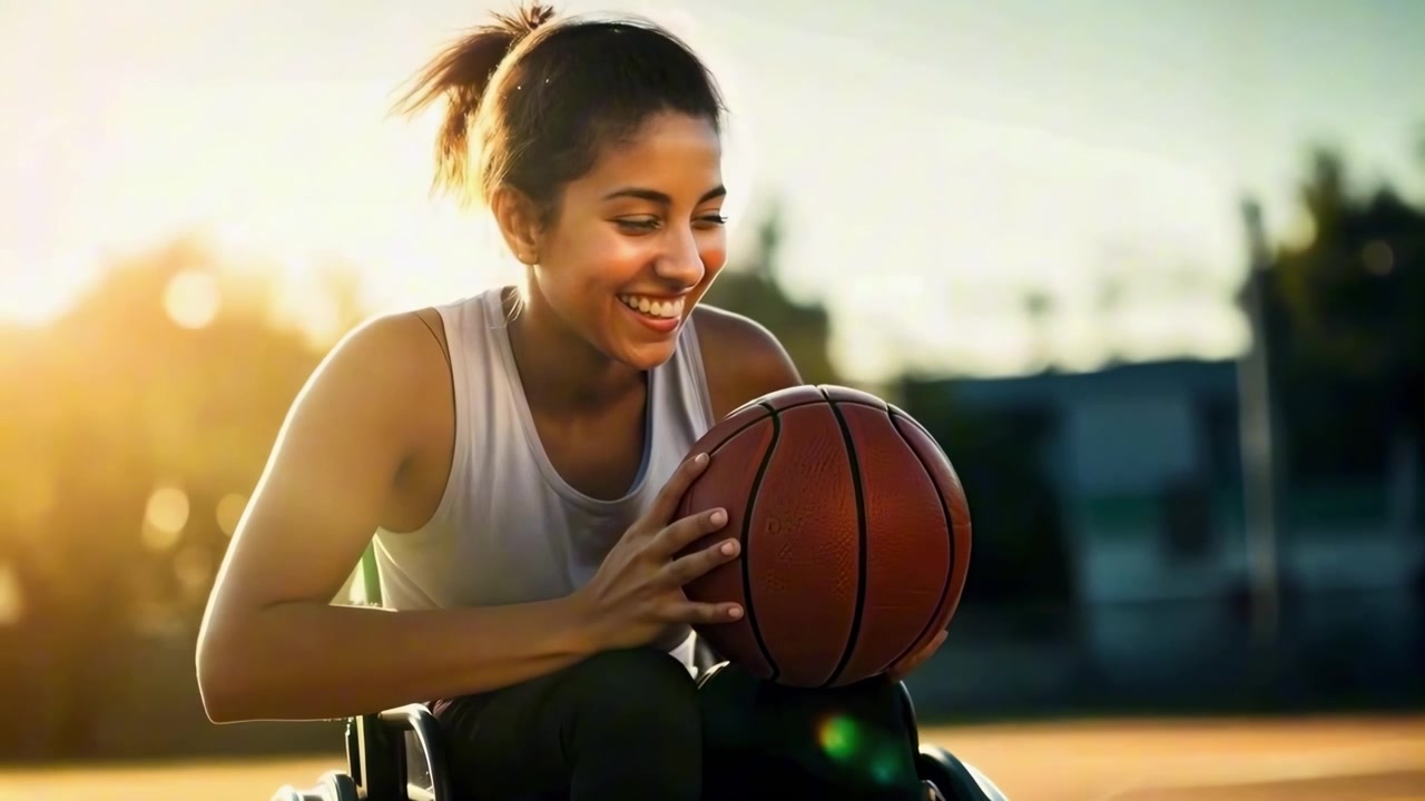 Smiling Young Woman in Wheelchair Holding Basketball on Outdoor Court