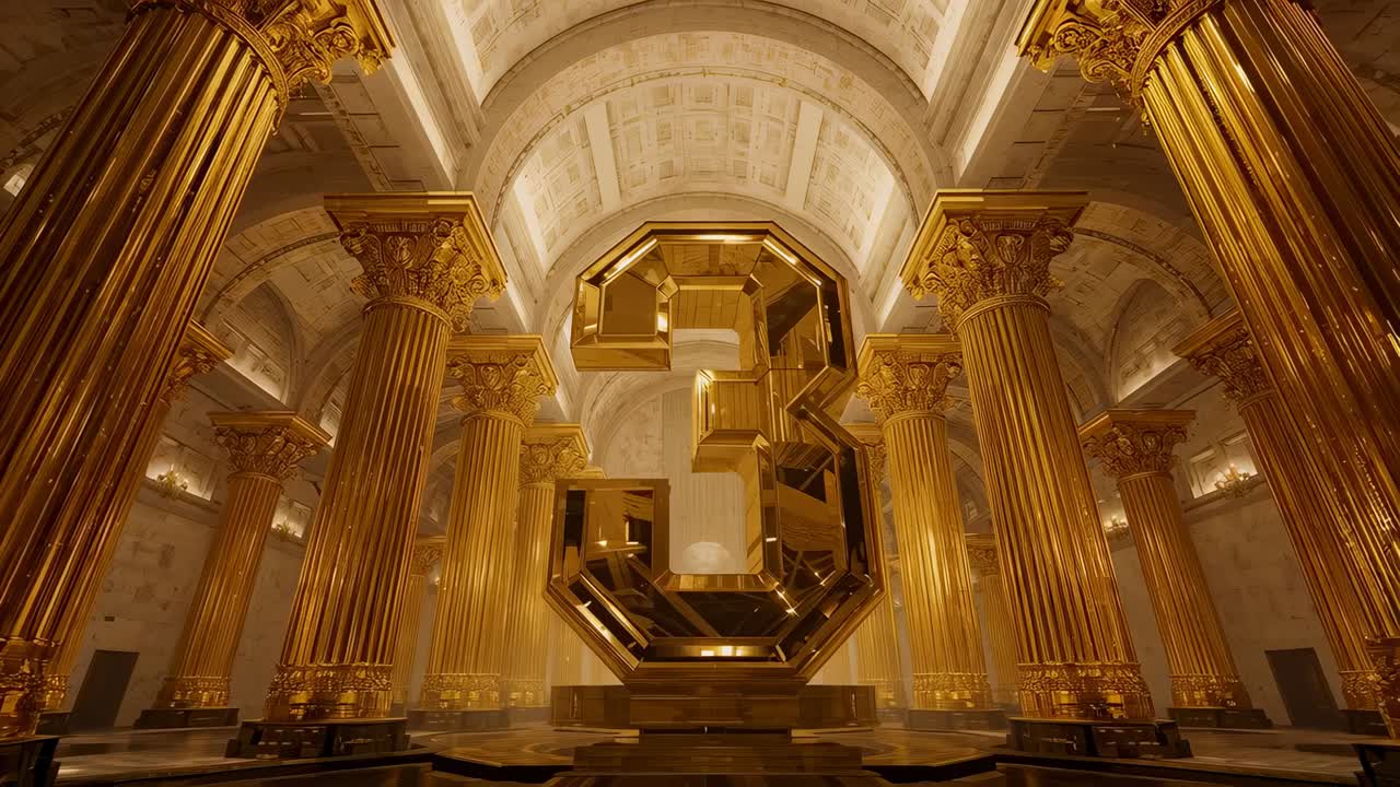 Pulling back camera revealing large mirrored golden 3 centered on circular pedestal in palace hall