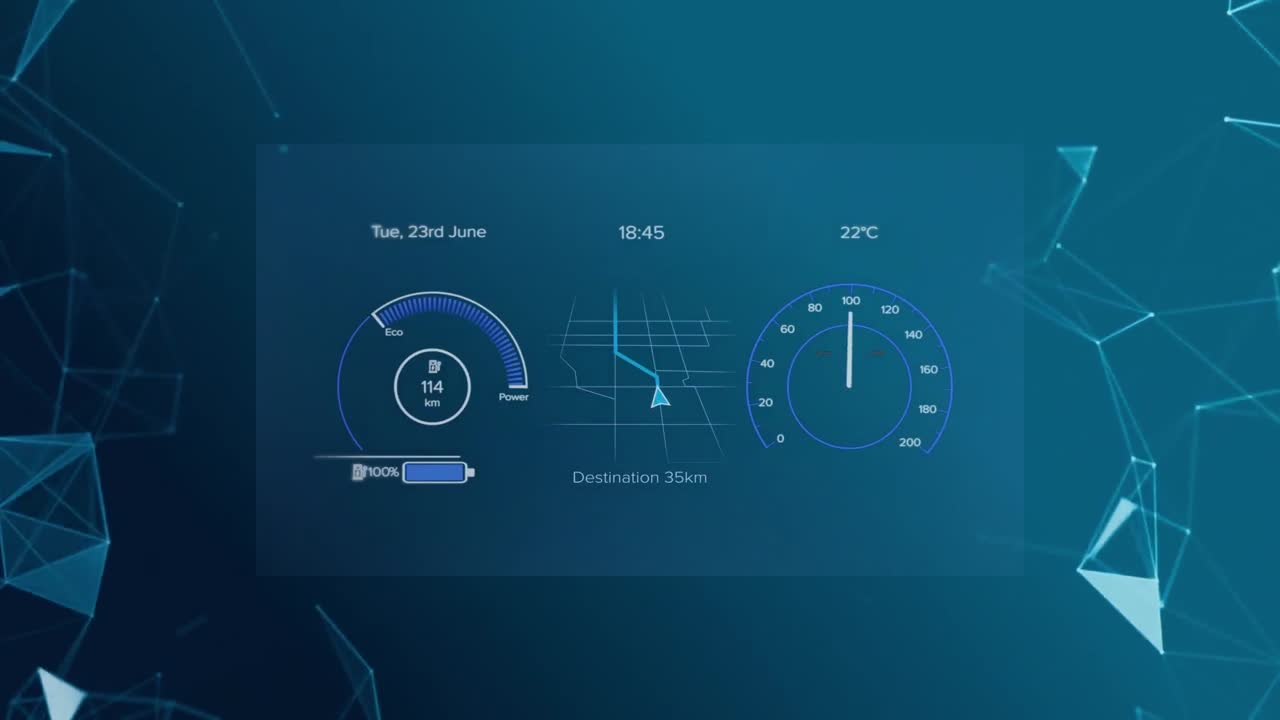 Animation of network of connections over electric vehicle interface on blue background