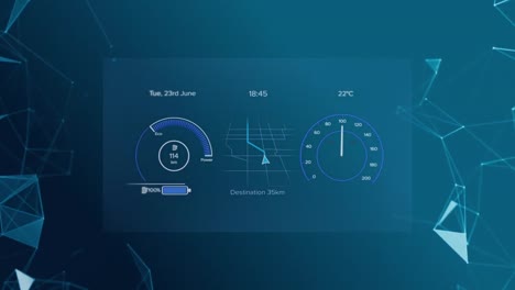 animation of network of connections over electric vehicle interface on blue background