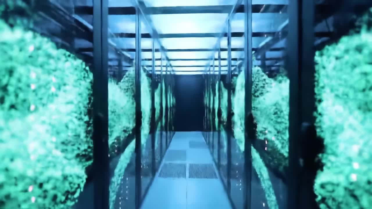 A Stunning View Inside a Modern Data Center: Illuminated Racks Reflecting Futuristic Technology and Energy Efficiency in a High-Tech Environment