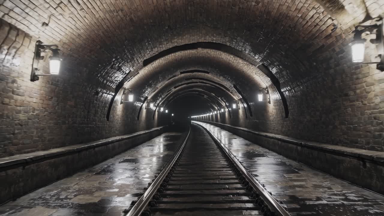 Dark, atmospheric tunnel with curved brick walls and illuminated lamps, showcasing the gradual approach to a distant light along the wet railway tracks