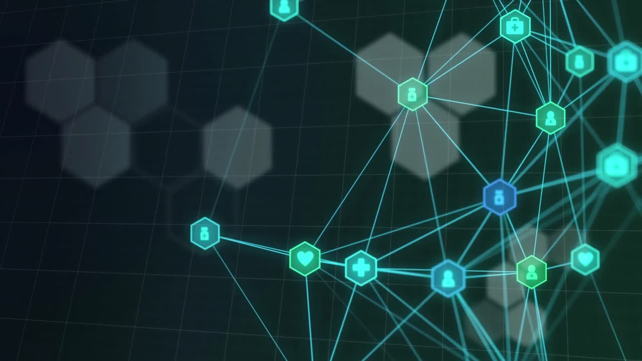 animación de globo de iconos médicos y formas hexagonales contra un fondo negro