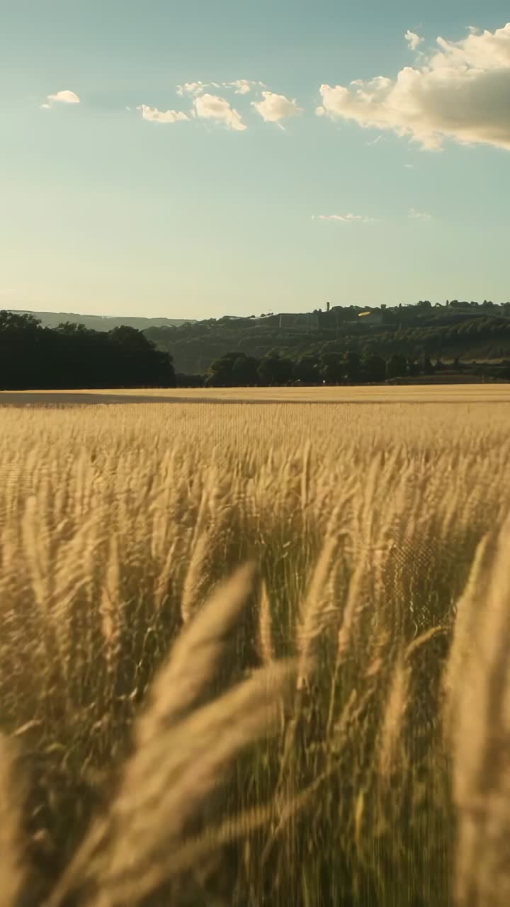 Vertical video: Gentle breeze causing swaying golden wheat stalks at farm, drifting cumulus clouds