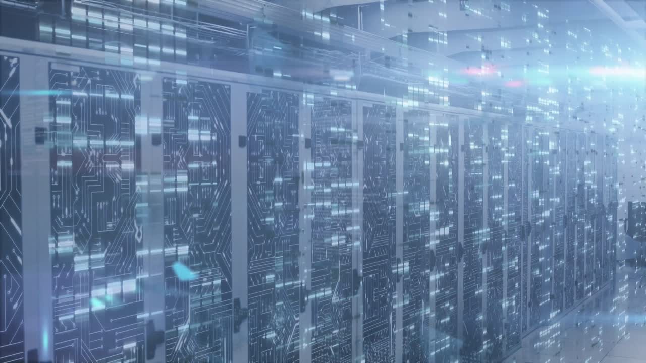 Animation of data processing and mathematical equations against computer server room