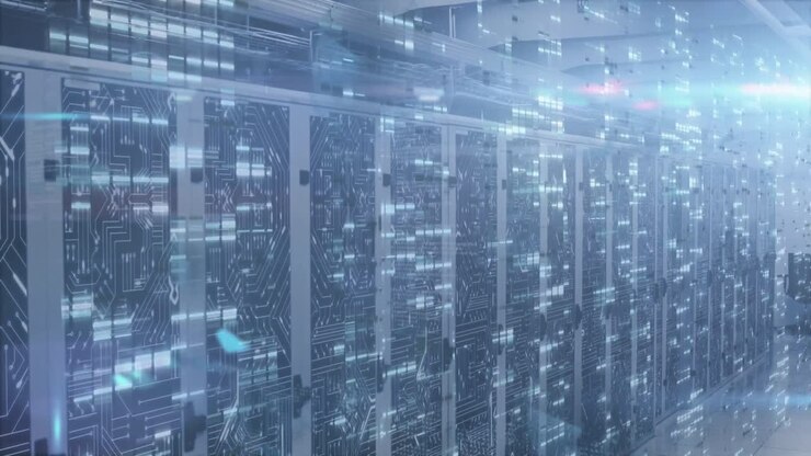 Animation of data processing and mathematical equations against computer server room