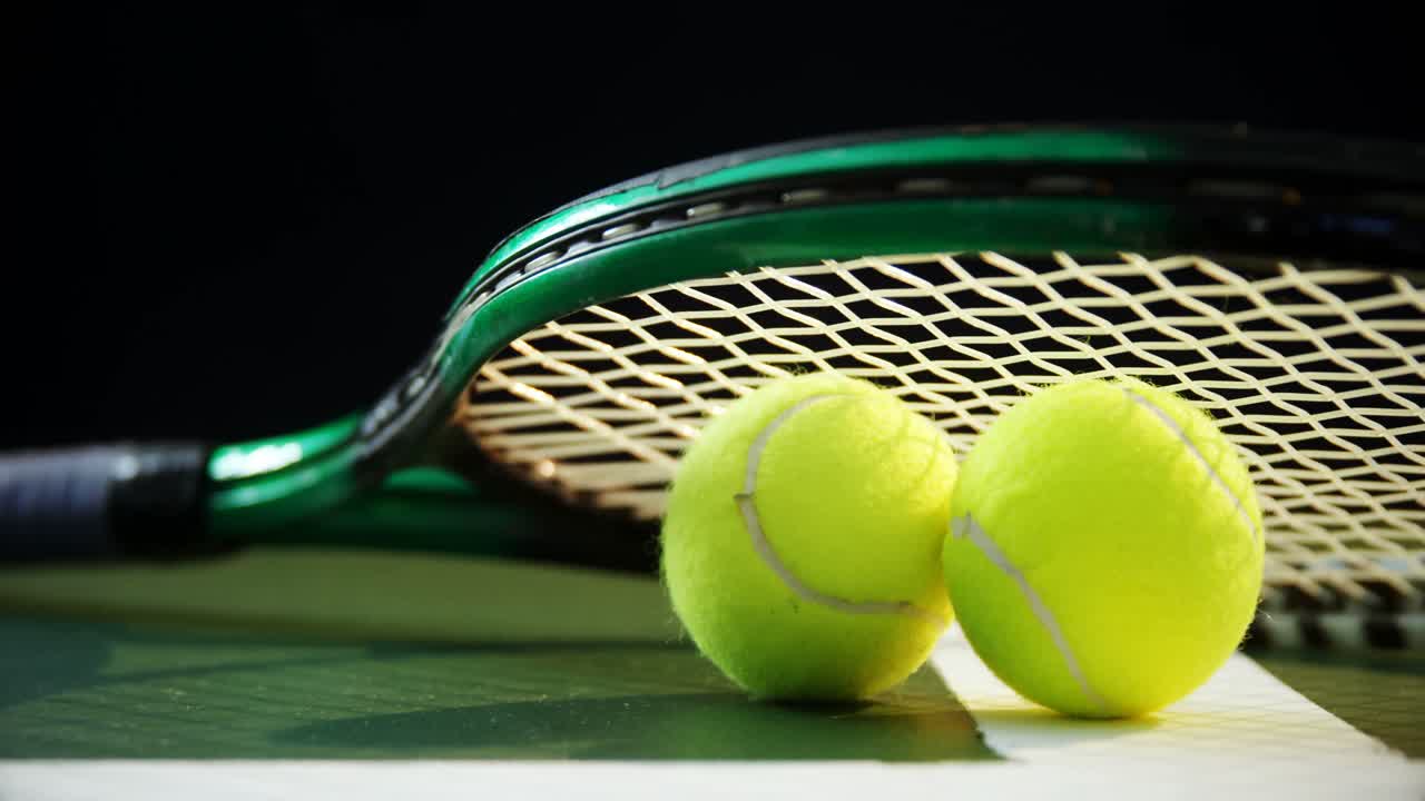 Tennissracket og tennisballer på gress 4K