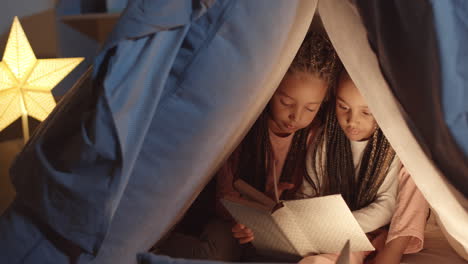 little sisters reading book in pillowfort