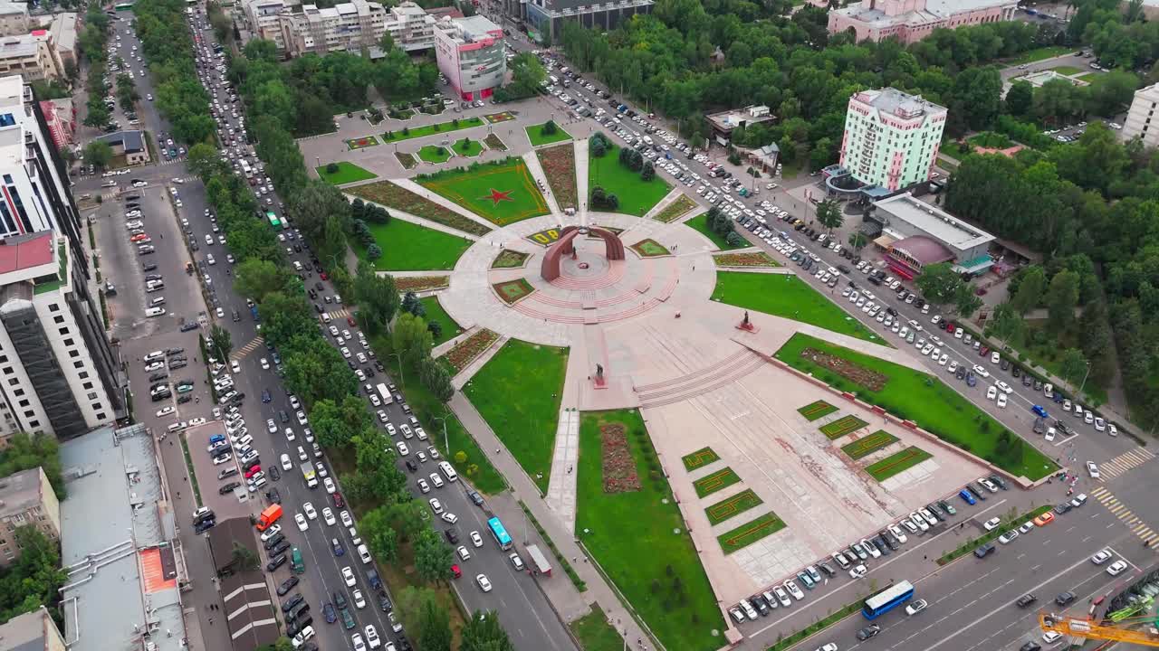 Aerial Drone fly Victory Square in Central Bishkek, Kyrgyzstan – WWII Memorial, establishing, travel spot