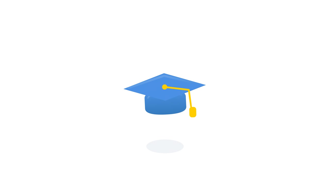 Tocco di laurea animato che fluttua su sfondo bianco.