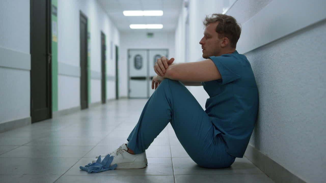 앉아있는 남자 외과의사 클리닉 바닥 복도 클로즈업. 힘든 팬데 ⁇  하루 후 의사