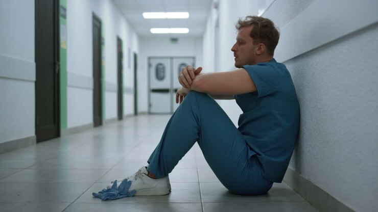 Männlicher Chirurg sitzt auf dem Boden des Klinikflurs, Nahaufnahme. Arzt nach einem Pandemietag.
