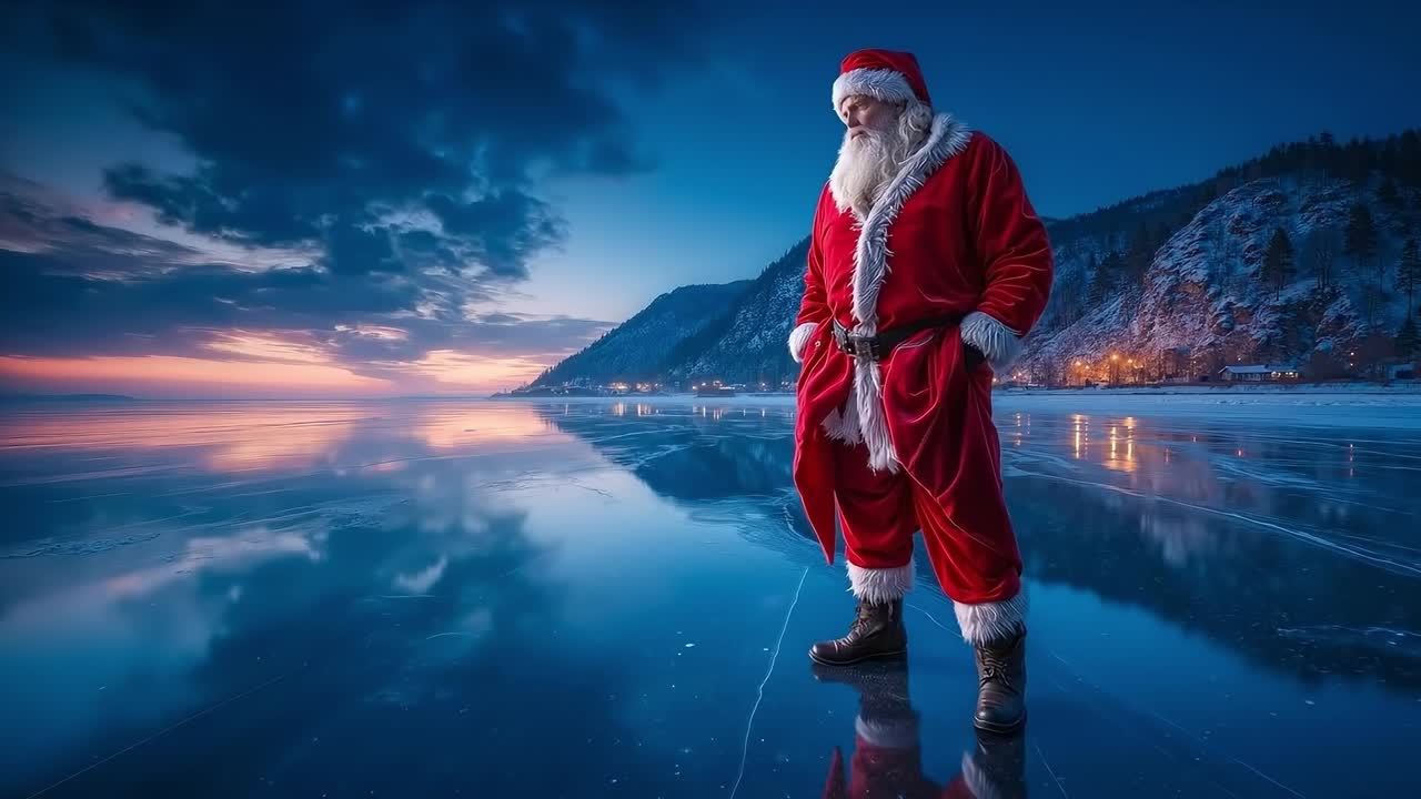 A man dressed as Santa Claus standing on a frozen lake