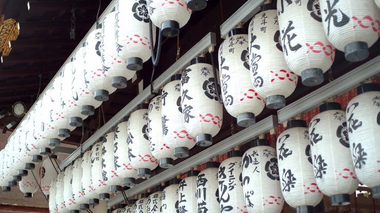 Traditional Japanese lanterns hung up for decoration in Kyoto, Japan soft lighting