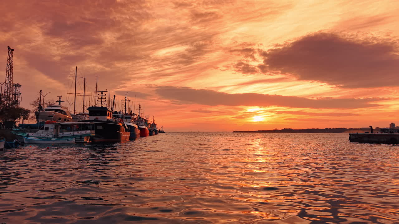Yacht e navi ormeggiati nel porto alla luce del tramonto. Fila di barche e navi attraccate a un molo di pietra con persone che camminano in lontananza sotto un cielo infuocato al tramonto