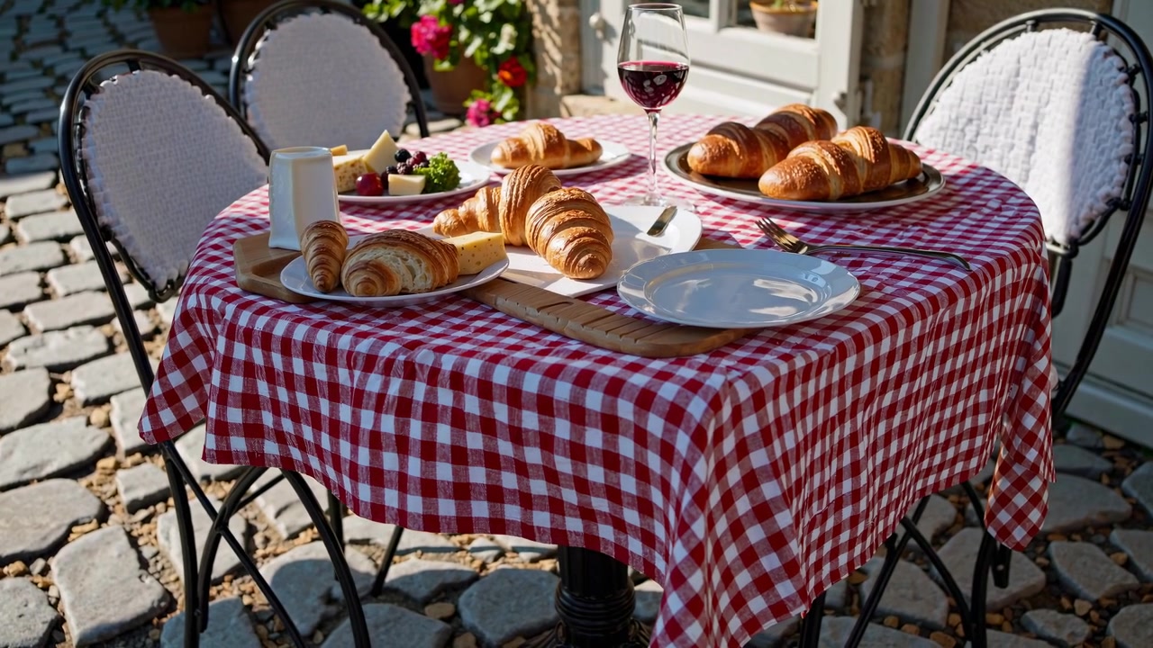 Tavolo da caffè all'aperto apparecchiato con croissant e vino