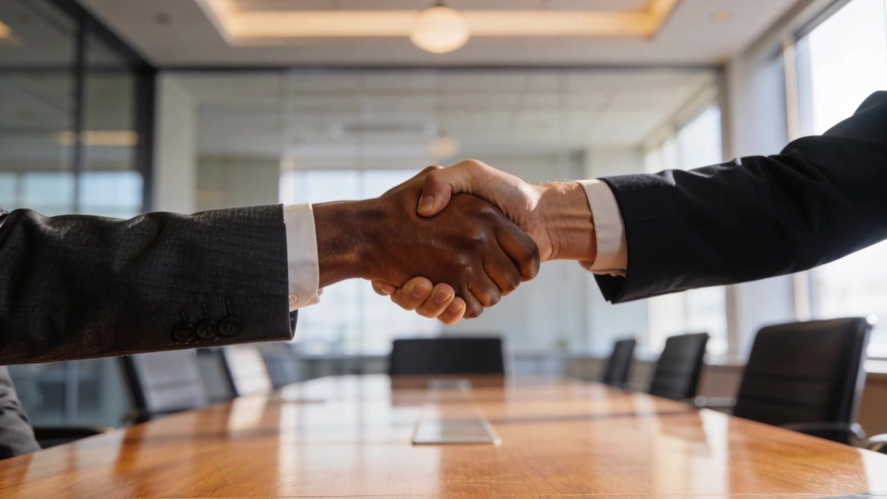 Extending right hand, left executive starting handshake at conference table in suits, sealing deal
