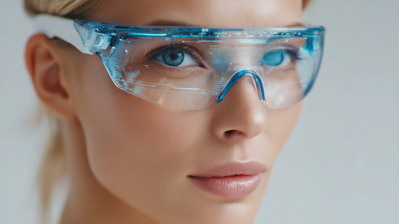 Futuristic Optical Technology: A Close-Up of a Model Wearing Advanced Smart Glasses with Digital Display Features, Showcasing Innovation in Wearable Tech