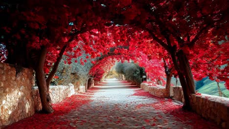 a walkway lined with red leaves on the ground