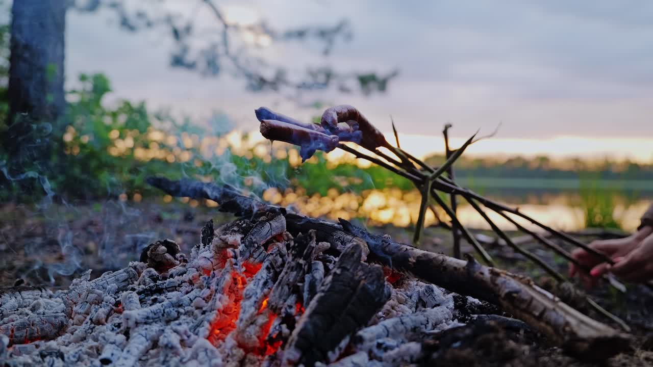 Slow motion captures woman cooking sausages by fire in misty Latvian marsh