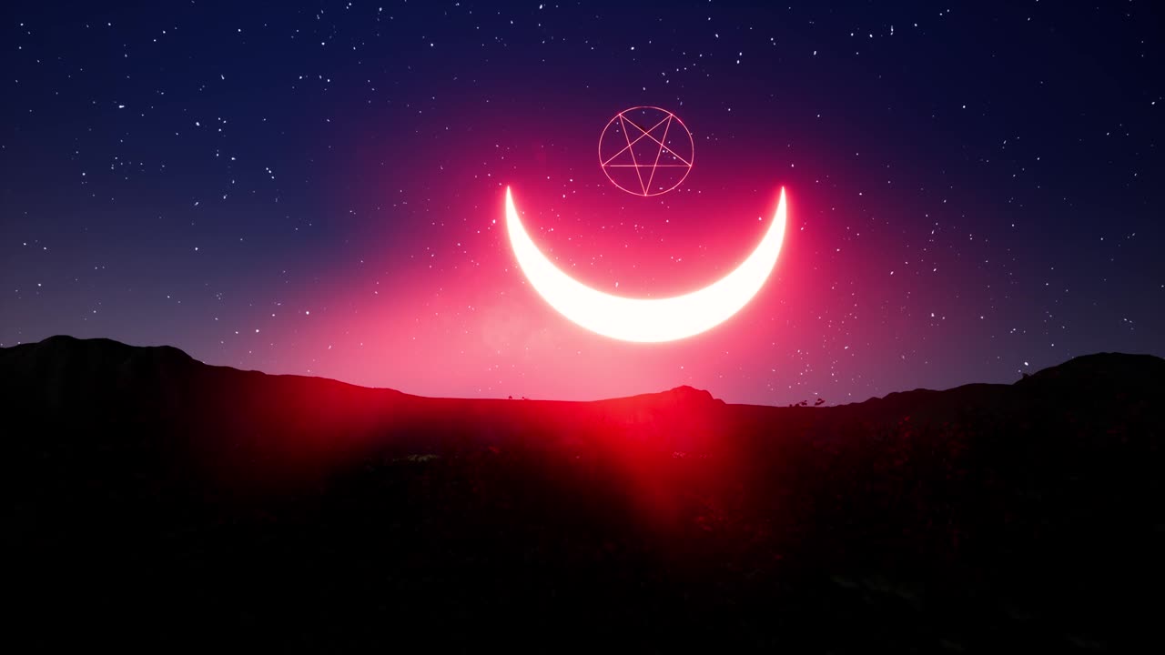 el signo oculto de satanás contra el fondo de las estrellas y un bosque oscuro espeluznante. 4k