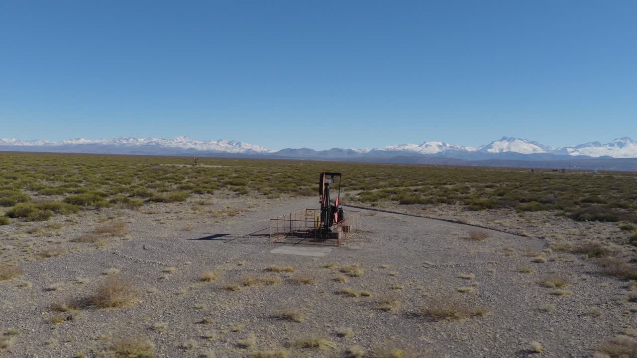 Aerial view of Crude oil well in Argentine countryside, non-renewable Resource exploitation