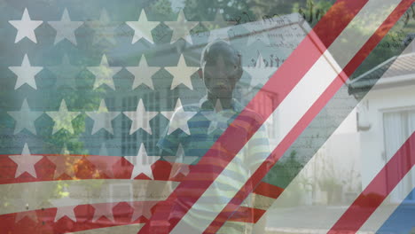 animación de la bandera de los estados unidos sobre un niño caucásico afroamericano