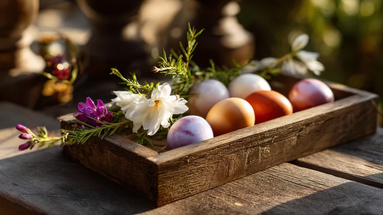 Beautifully Arranged Colorful Eggs and Fresh Flowers in a Wooden Tray Capturing the Essence of Seasonal Celebrations and Springtime Festivities Outdoors