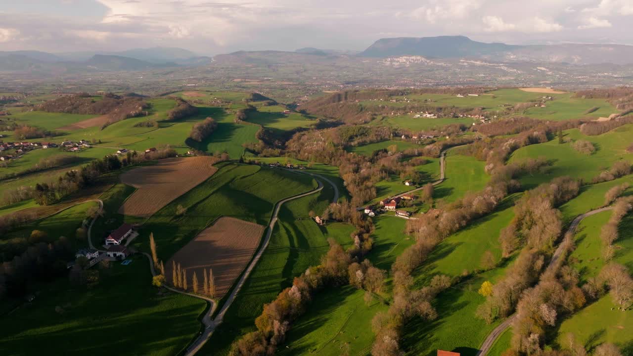 Chartreuse valley landscape, with fields and meadows, aerial view, Auvergne-Rh&ocirc;ne-Alpes region