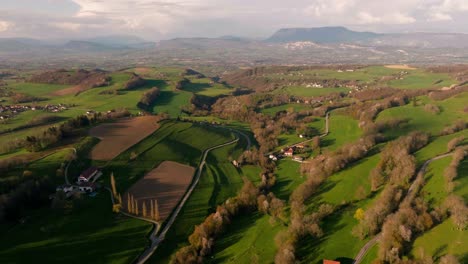 Chartreuse-valley-landscape,-with-fields-and-meadows,-aerial-view,-Auvergne-Rhône-Alpes-region