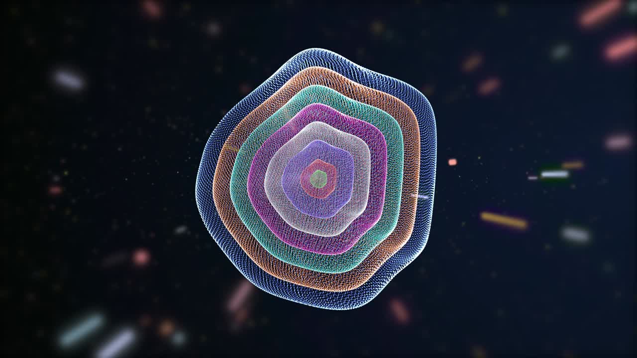 Fantastic connections forming multicolored round structure floating in space of fly-by laser particles.