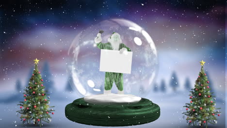 animation of snow falling over santa claus holding a placard in a snow globe and christmas tree