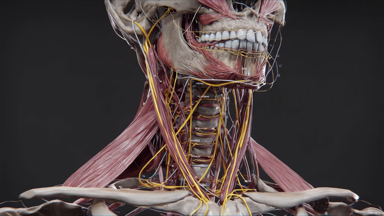 Visione Anatomica Dettagliata della Muscolatura e dei Nervi del Collo Umano, che Mostra la Complessa Interconnessione di Muscoli, Vasi Sanguigni e Sistema Nervoso
