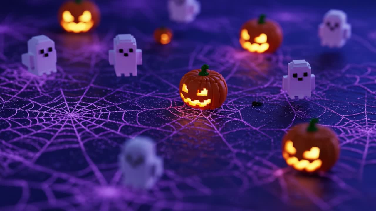 Una spettrale scena di Halloween con adorabili fantasmi Lego e jack-o'-lantern illuminati in un ambiente ragnatelato, perfetta per celebrare la stagione festiva.
